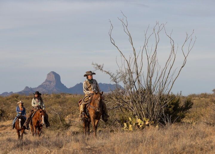 Two horseback riders in a dry desert landscape with a large cactus and distant rocky mountains