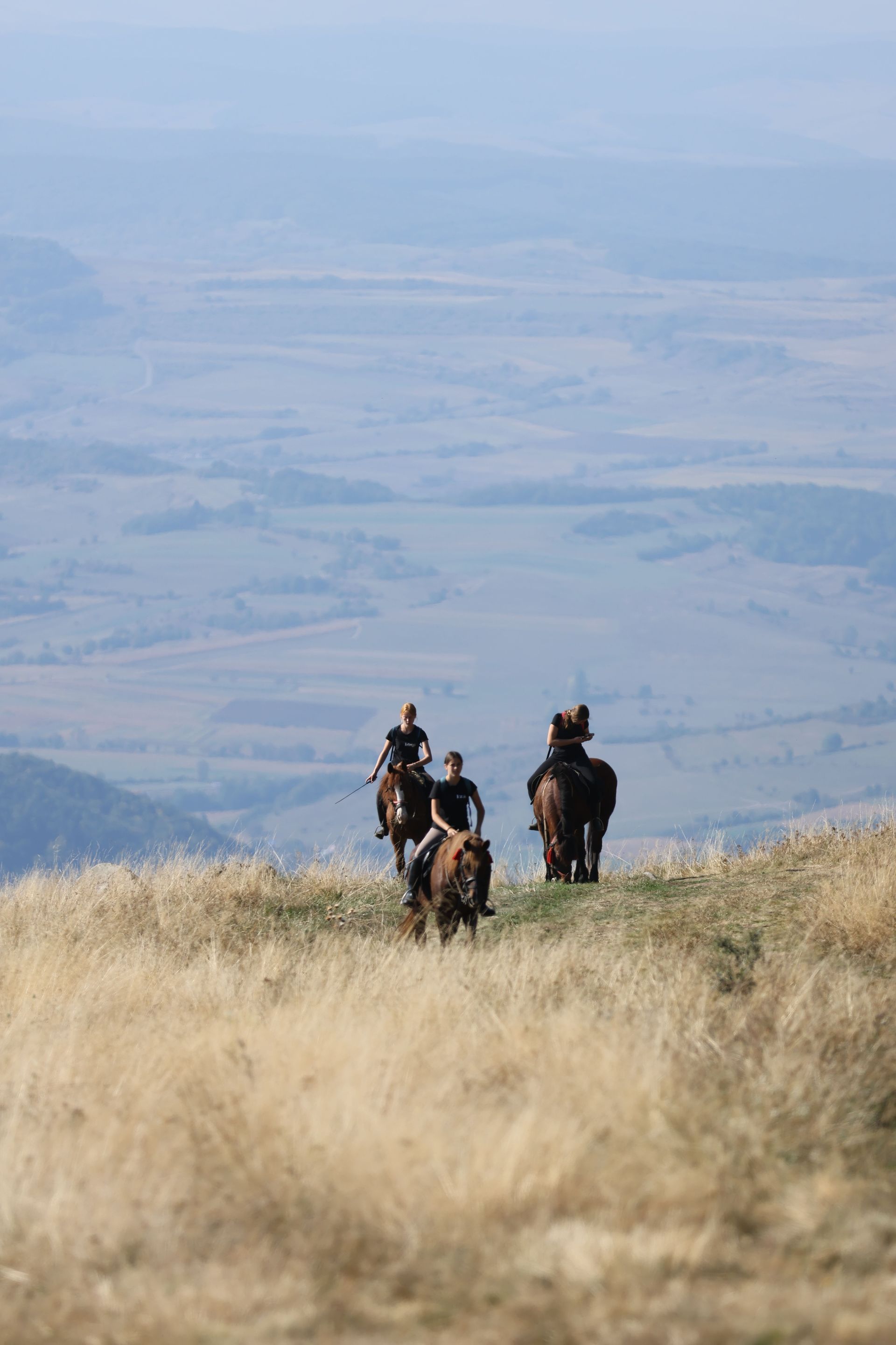 Horse riders on a grassy hillside overlooking a hazy valley