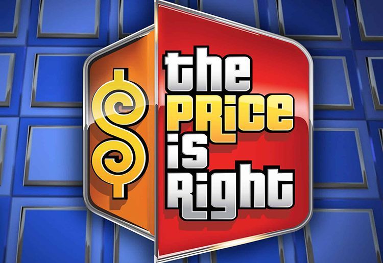 The Price Is Right logo on a red and yellow shield over a blue tiled background
