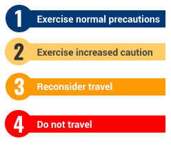 Four-step travel advisory chart: blue normal precautions, yellow increased caution, orange reconsider travel