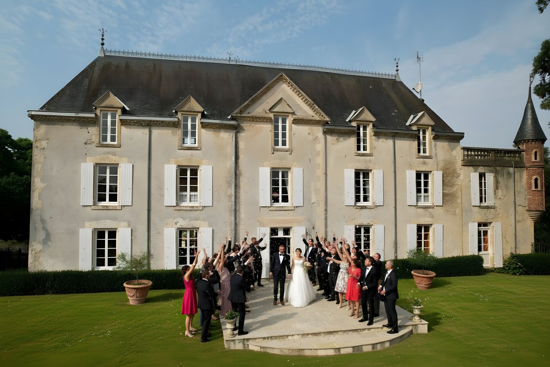 Wedding party in front of chateau; bride and groom lead group with raised arms on sunny lawn.
