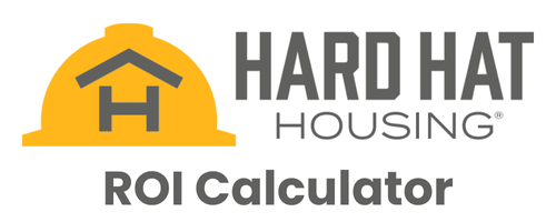 Logo for Hard Hat Housing ROI Calculator: yellow hard hat with house graphic, grey text.