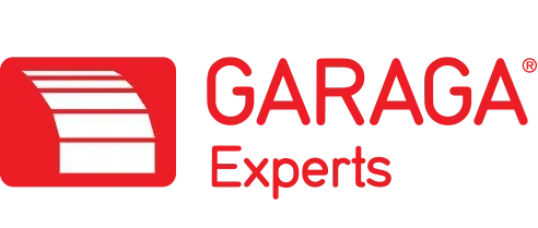 Logo rouge pour Garaga Experts, avec le mot « GARAGA » et « Experts » en dessous. Un rectangle rouge contient un motif abstrait.
