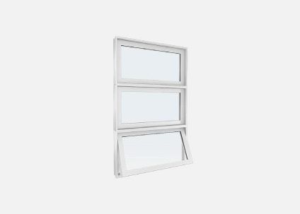 Fenêtre blanche à trois carreaux, un carreau inférieur ouvert vers l'extérieur, sur fond blanc.