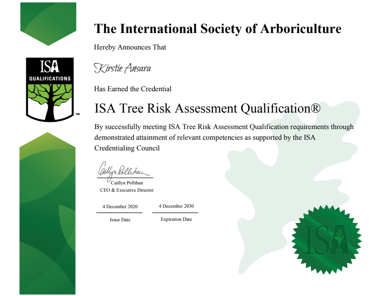 An ISA Tree Risk Assessment Qualification certificate issued to Kirstie Amara, valid from December 2024 to December 2026.