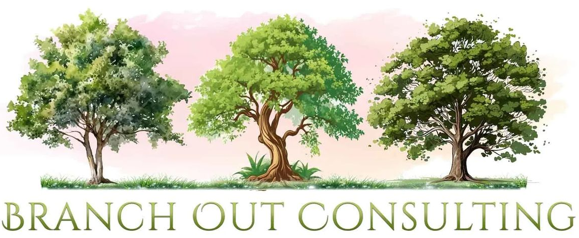 Logo featuring three green trees of varying shapes and sizes above the text "BRANCH OUT CONSULTING" in a serif font.