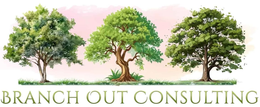 Logo featuring three green trees of varying shapes and sizes above the text "BRANCH OUT CONSULTING" in a serif font.