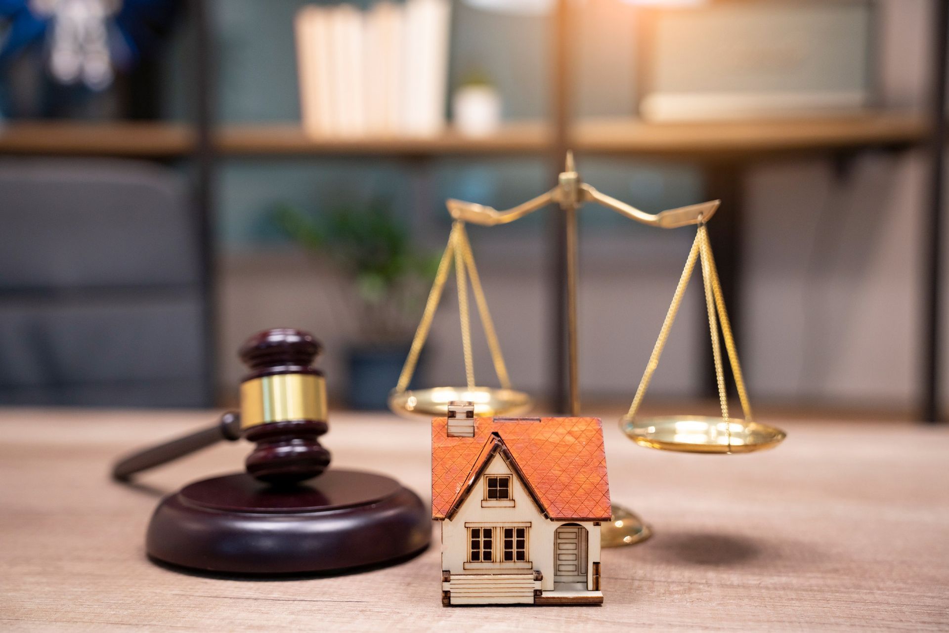 Gavel and scales of justice beside a small house model on a wooden desk.