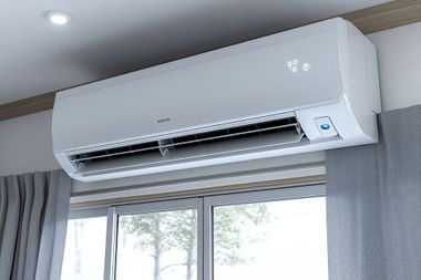 White wall-mounted air conditioner above a window with curtains in a bright room
