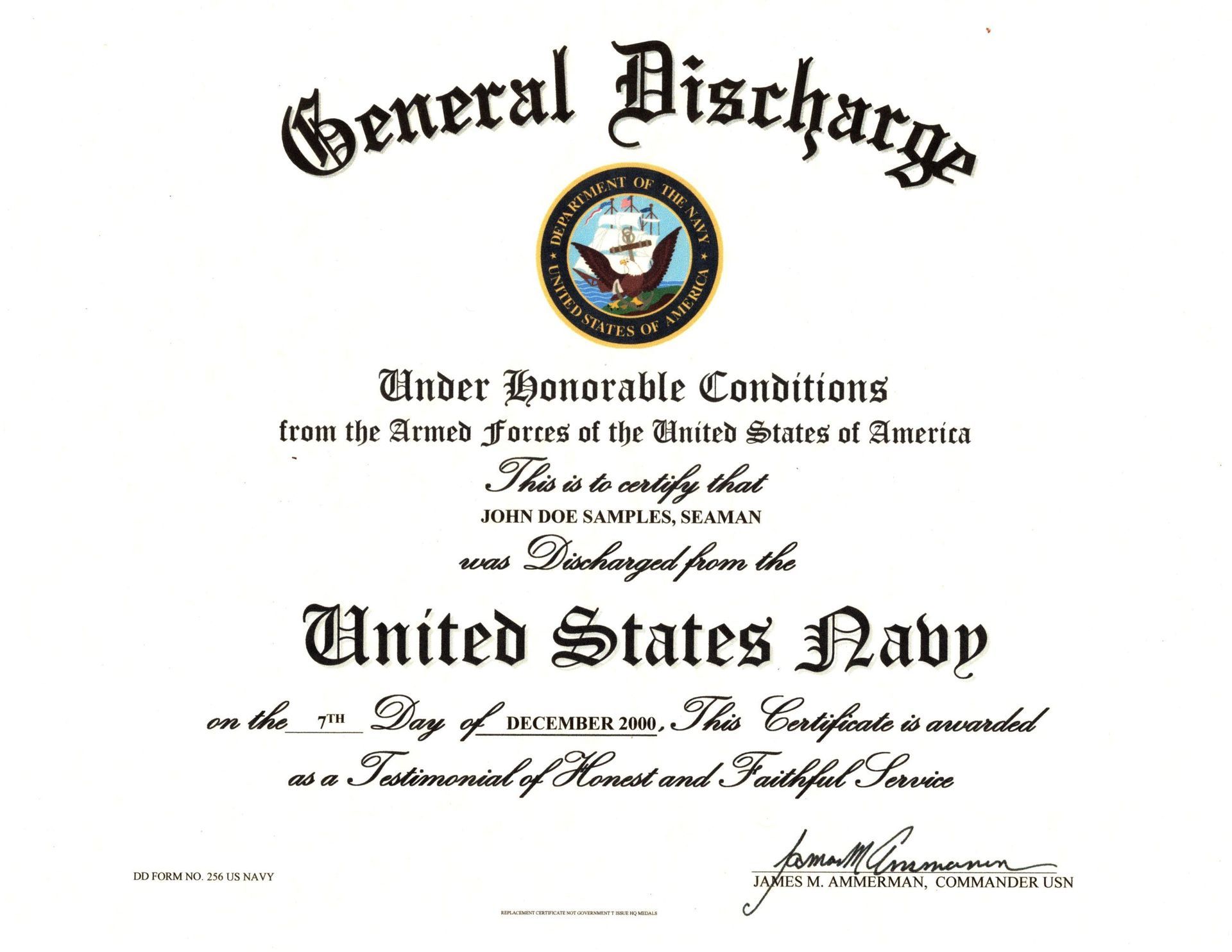 General discharge certificate with U.S. Navy heading and seal, on white paper with ornate black text