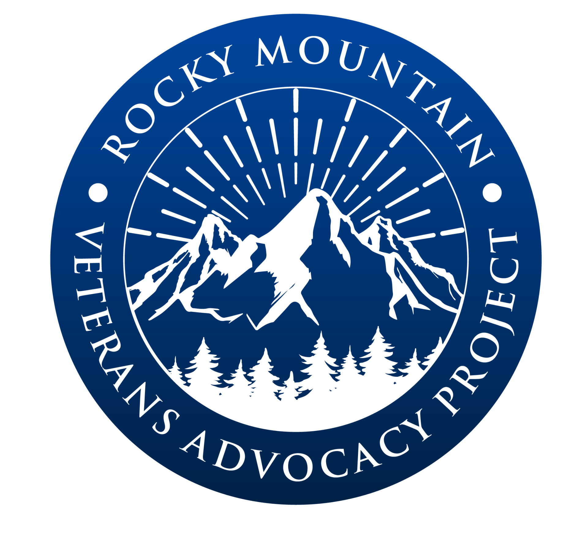 Blue circular logo for Rocky Mountain Veterans Advocacy Project with mountain and pine tree silhouette.