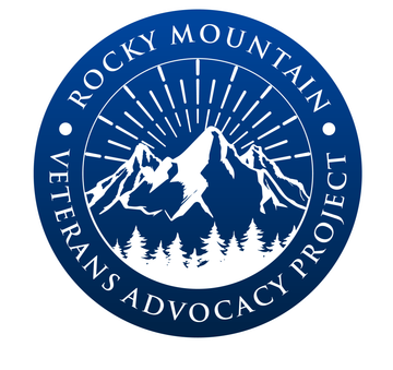 Blue circular logo for Rocky Mountain Veterans Advocacy Project with mountain and pine tree silhouette.