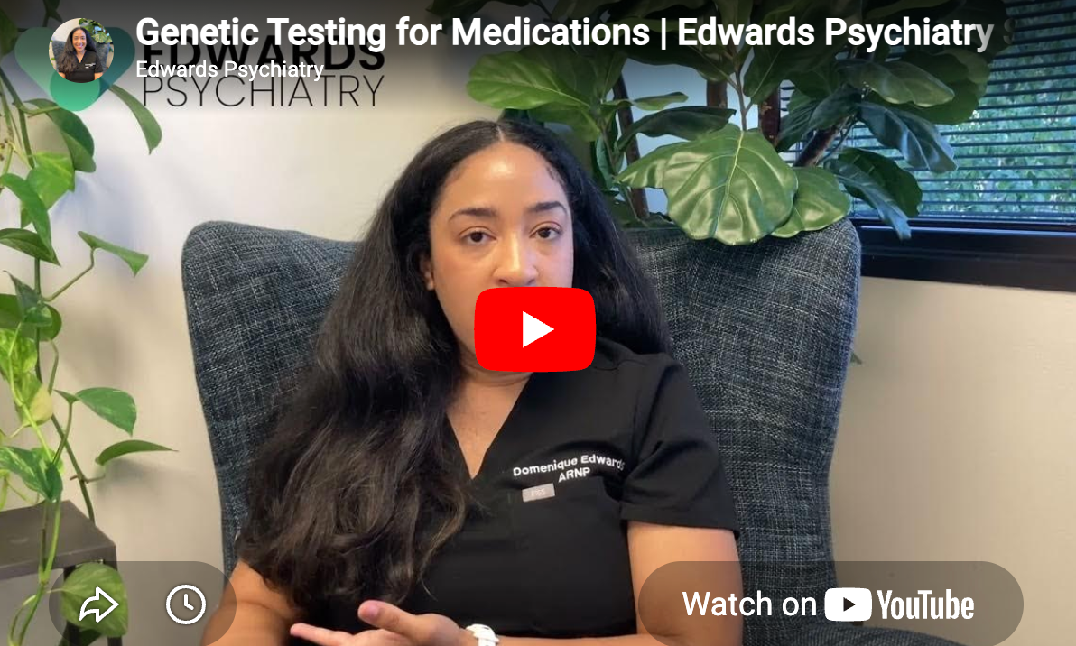 Woman seated in an office chair in a psychiatry video thumbnail, with “Genetic Testing for Medications” text and a play icon