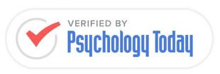Verified by Psychology Today badge with red checkmark and blue text on a white background