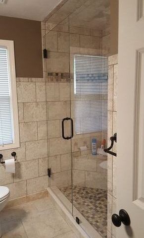 shower door in remodeled bathroom