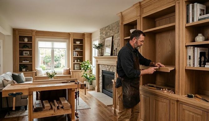 Man arranging books in a warm living room with wooden shelves, fireplace, desk, and large window.