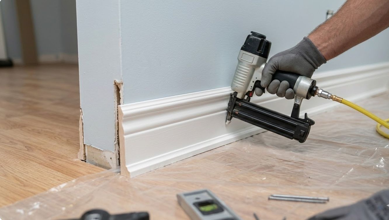 Person using a nail gun to install white baseboard along a wall in a room with hardwood floor