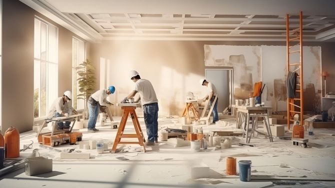 Workers renovating a bright room with ladders, tools, paint cans, and dust-covered floors