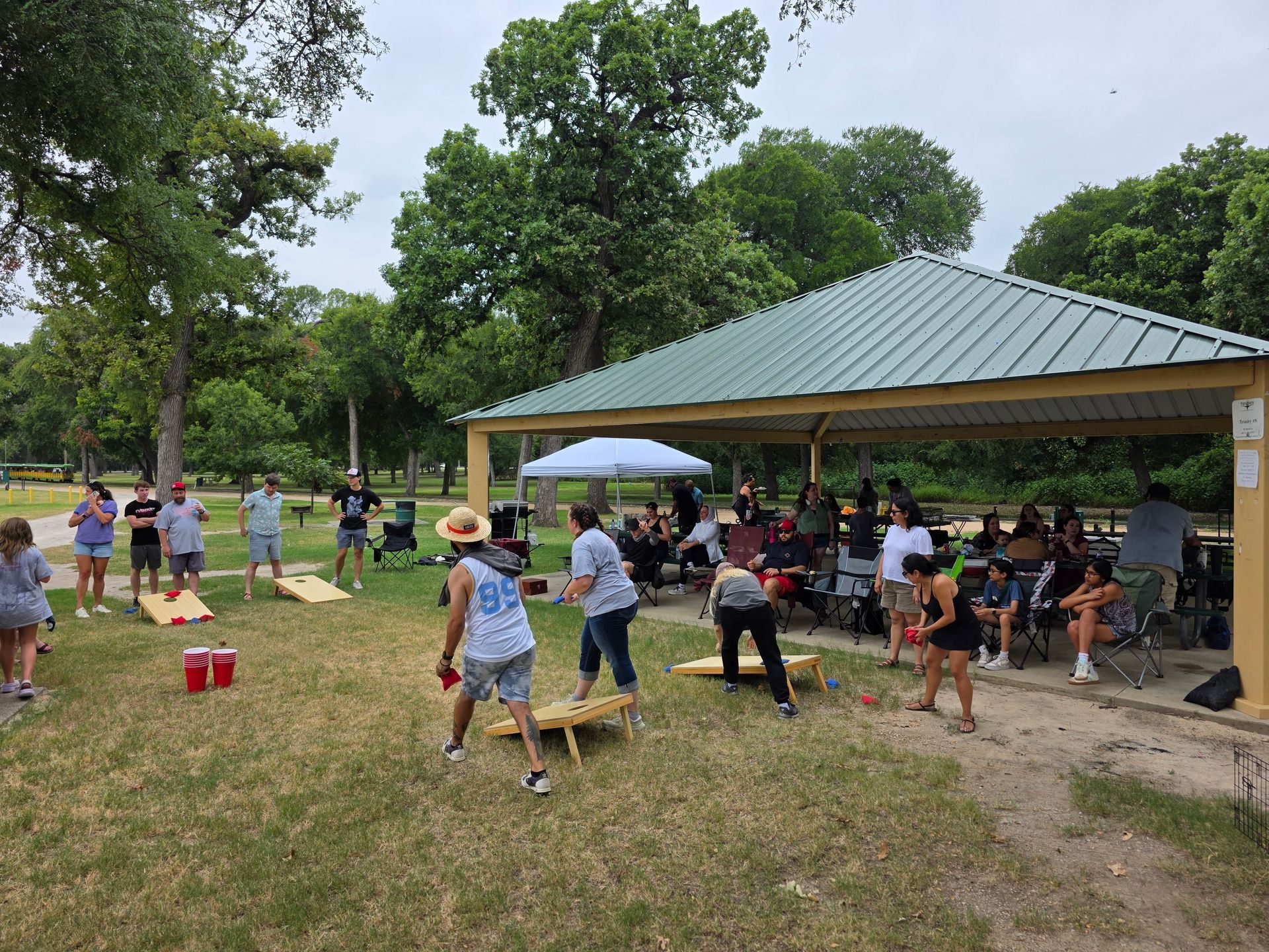 People gathered at a park pavilion for an outdoor picnic and games, with trees and a grassy field.