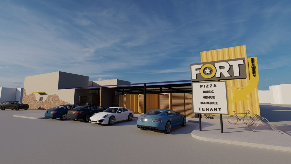 An artist 's impression of a pizza restaurant with cars parked in front of it.