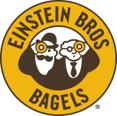 The logo for einstein bros bagels shows two men with glasses and a tie.