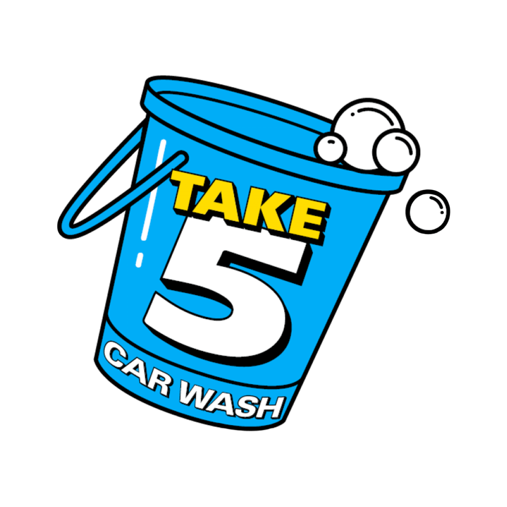 A blue bucket with the words `` take 5 car wash '' on it.