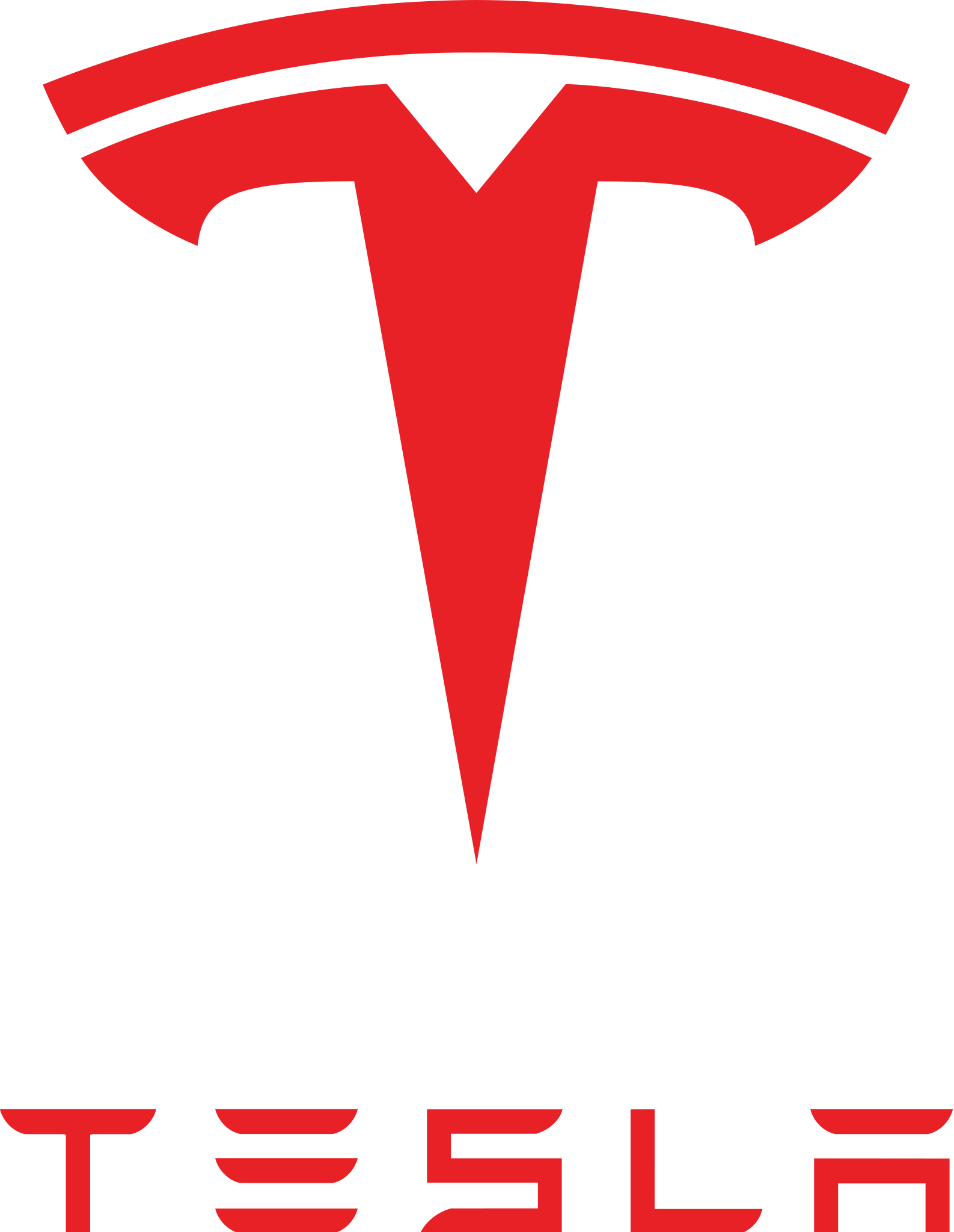 A red tesla logo on a white background.
