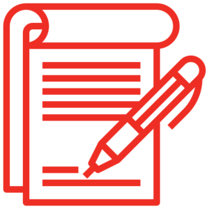 A red icon of a pen writing on a piece of paper.