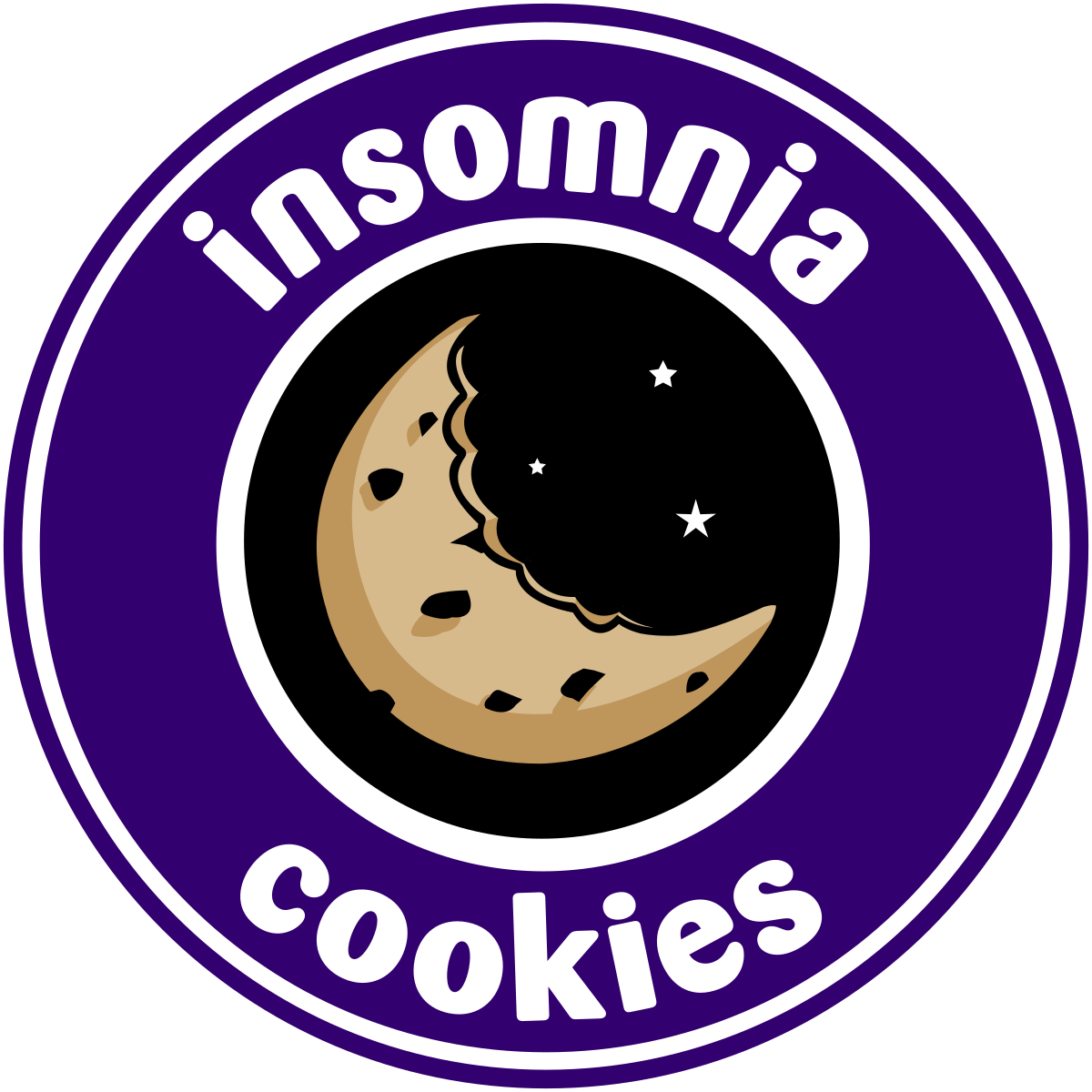 A logo for insomnia cookies with a cookie in the middle