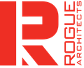 A red and white logo for rogue architects
