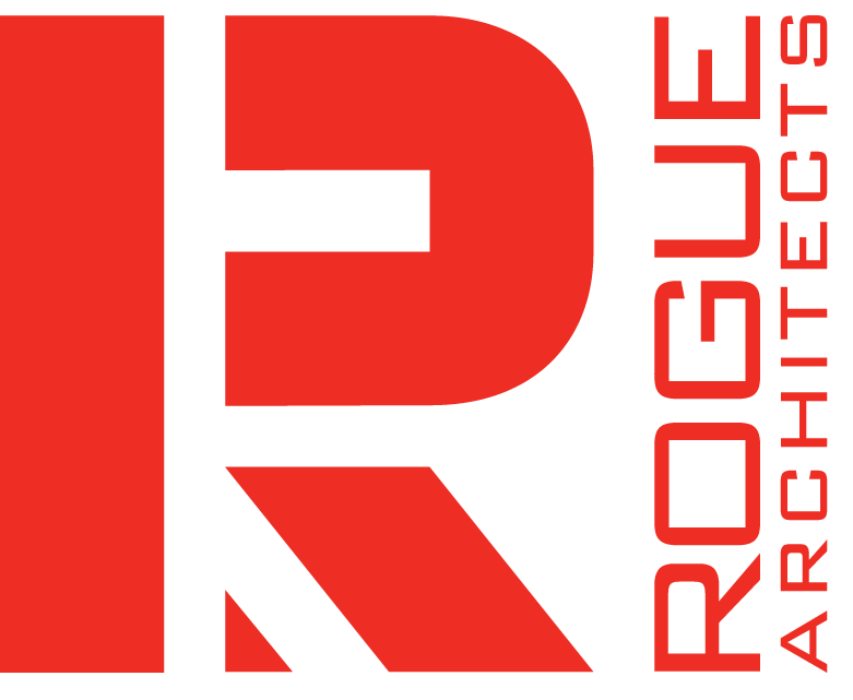 A red and white logo for rogue architects
