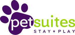 A purple and green logo for petsuites stay and play