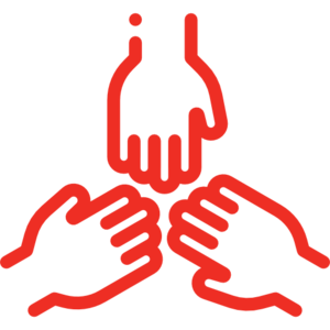 Three hands are holding each other in a circle.