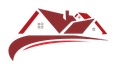 A red and white logo of a house with a red roof.