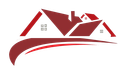 A red and white logo of a house with a red roof.