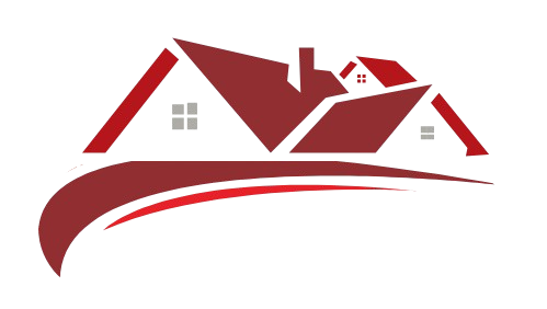 A red and white logo of a house with a red roof.
