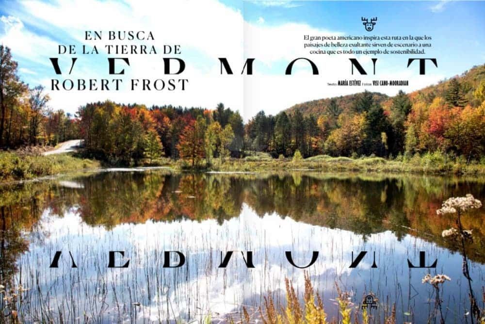 Lake reflecting fall foliage, text overlay 