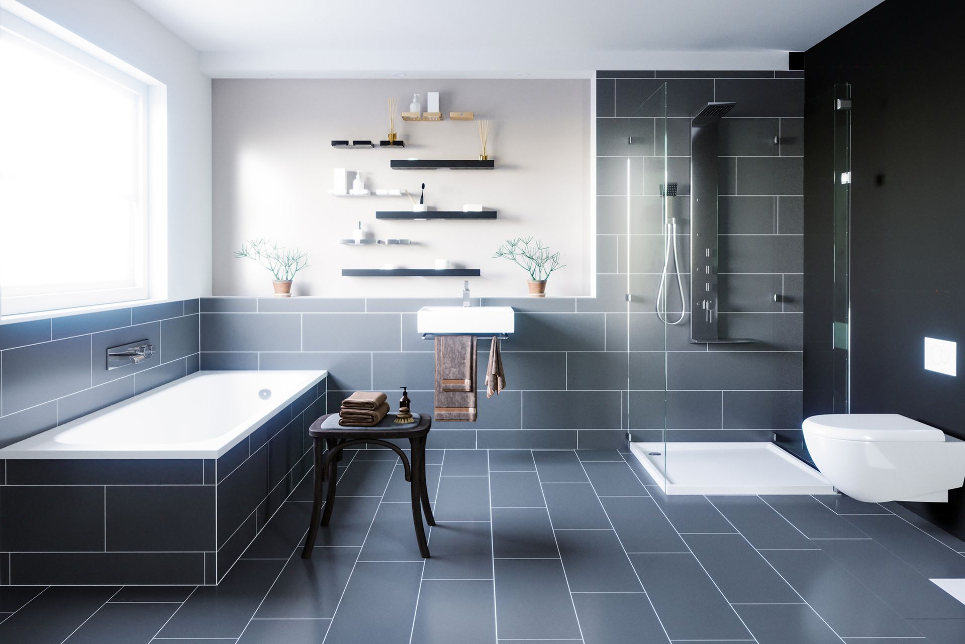 Modern gray and white bathroom with a bathtub, shower, toilet, and shelves.