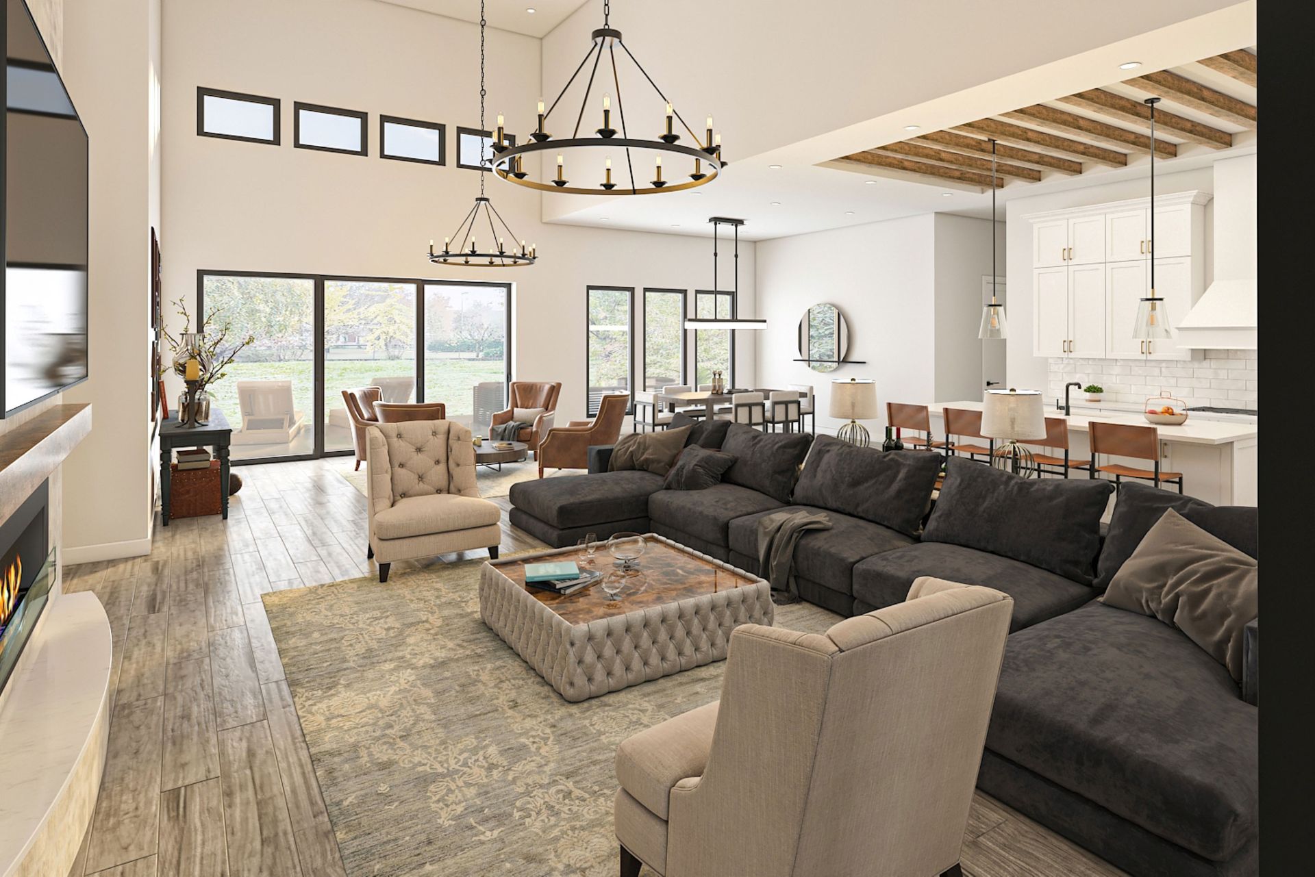 Modern living room with large sectional sofa, fireplace, and open kitchen.