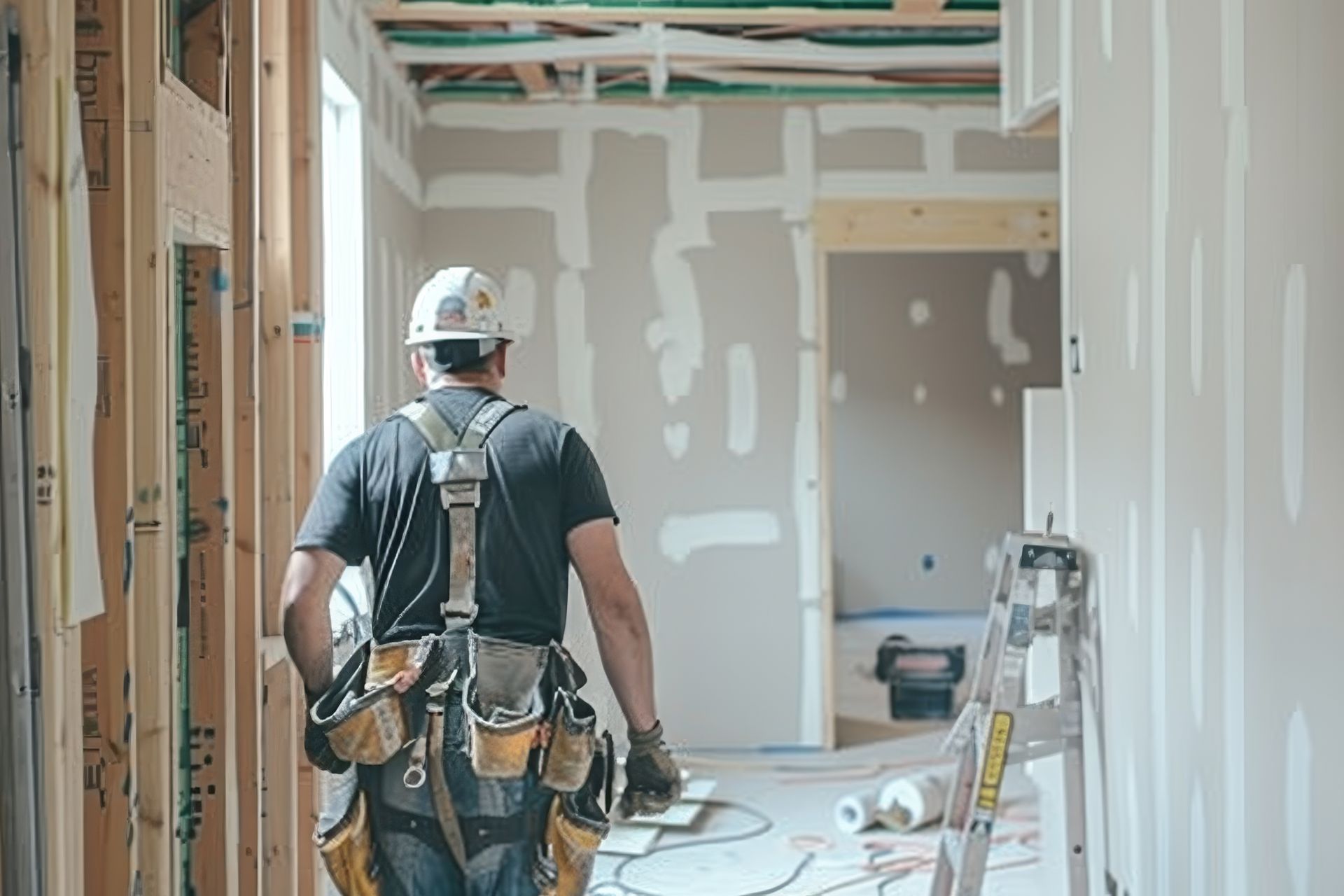 Construction worker walking in unfinished room with tools and drywall.