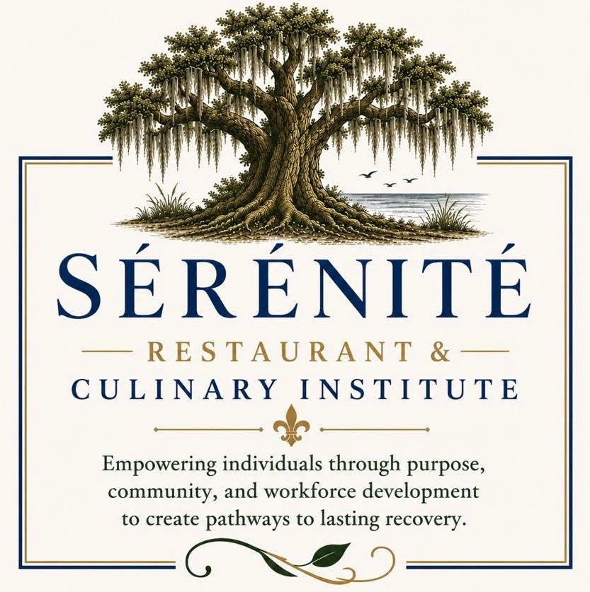 Serénité Restaurant & Culinary Institute logo with tree and tagline about empowerment and lasting recovery