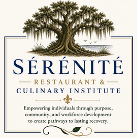 Serénité Restaurant & Culinary Institute logo with tree and tagline about empowerment and lasting recovery