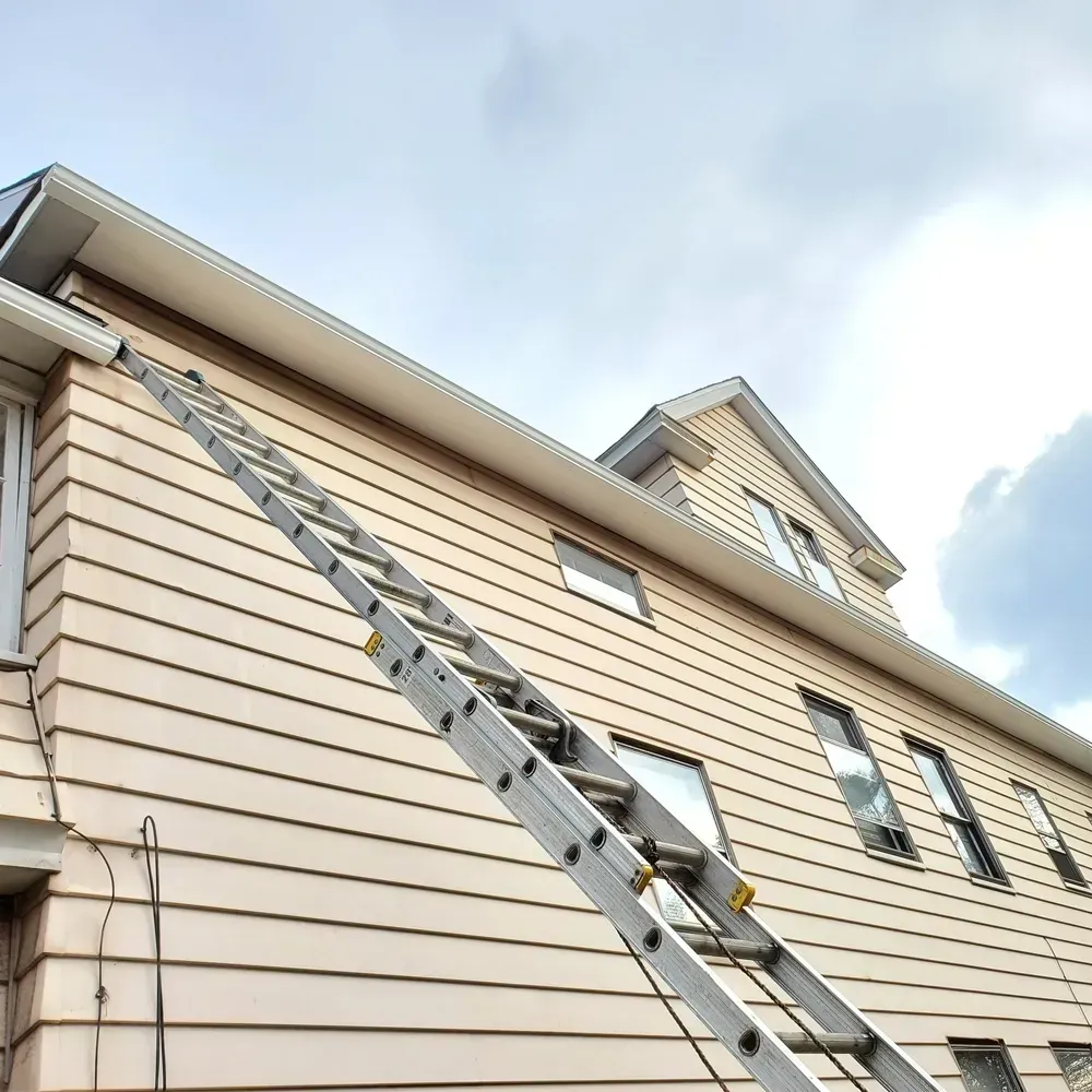 An extension ladder leans against the cream-colored siding of a house, reaching toward the gutter under the roofline.