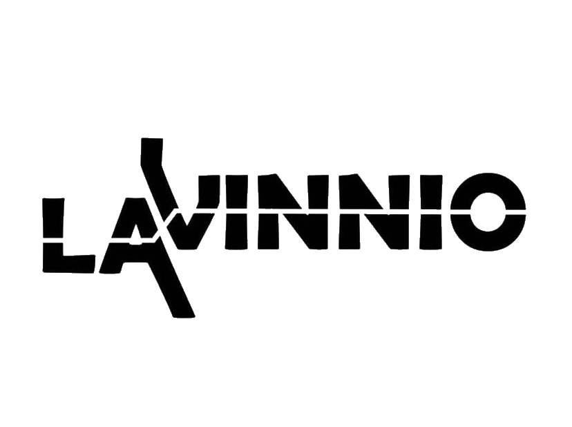 Zwart logo met het woord "LAVINNIO" in een stencillettertype op een witte achtergrond.