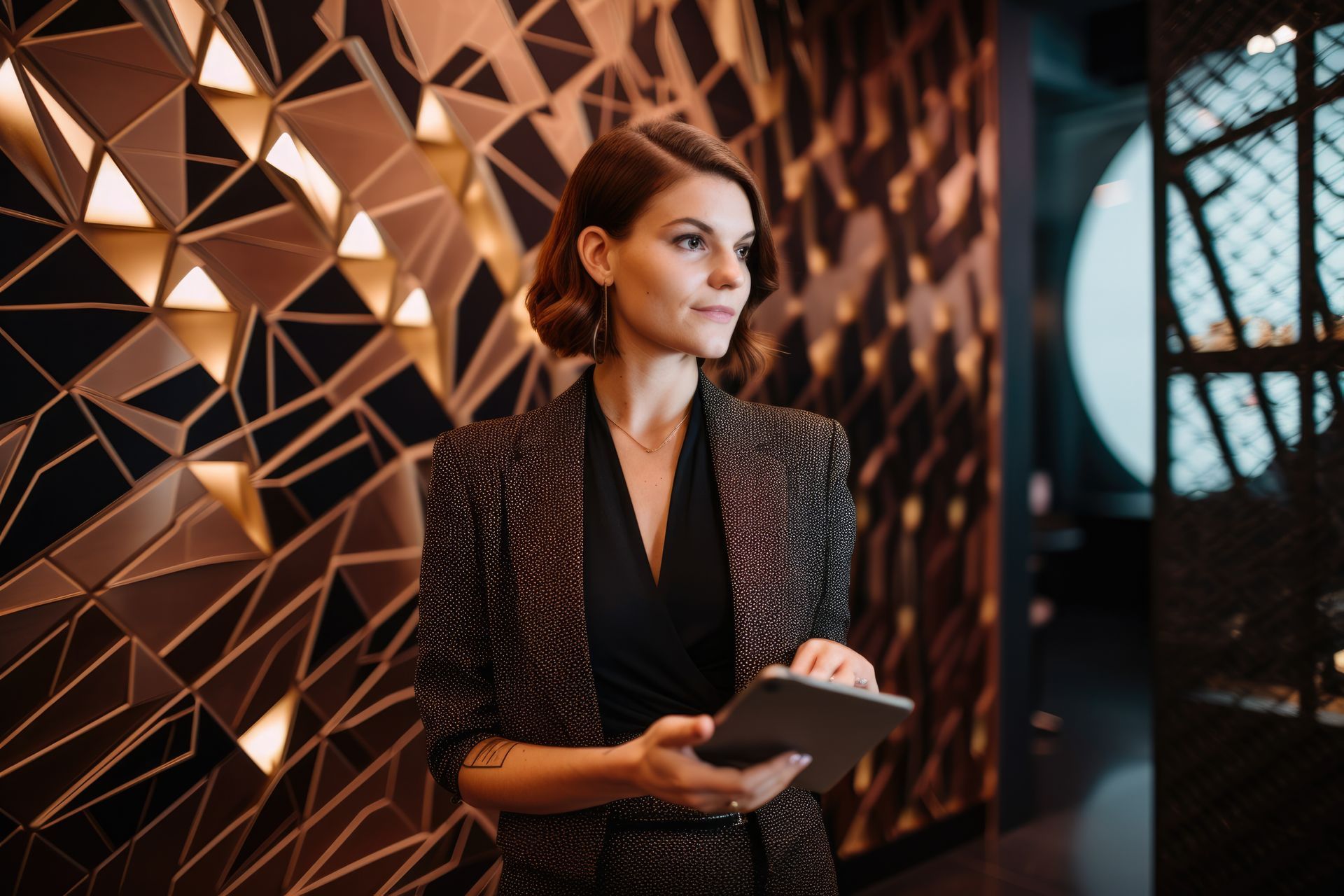 Woman in blazer holding tablet, standing near geometric illuminated wall.