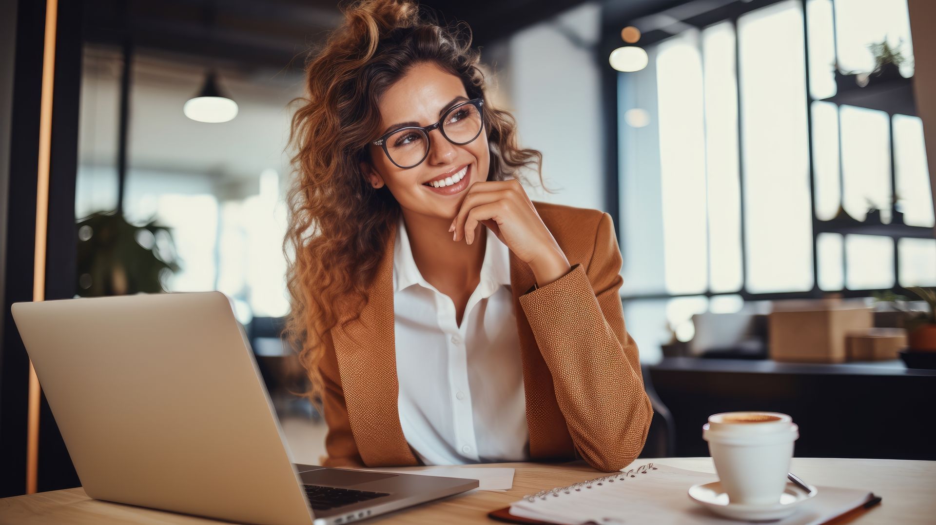 Woman in glasses smiles, sits at laptop in modern office, resting chin on hand.
