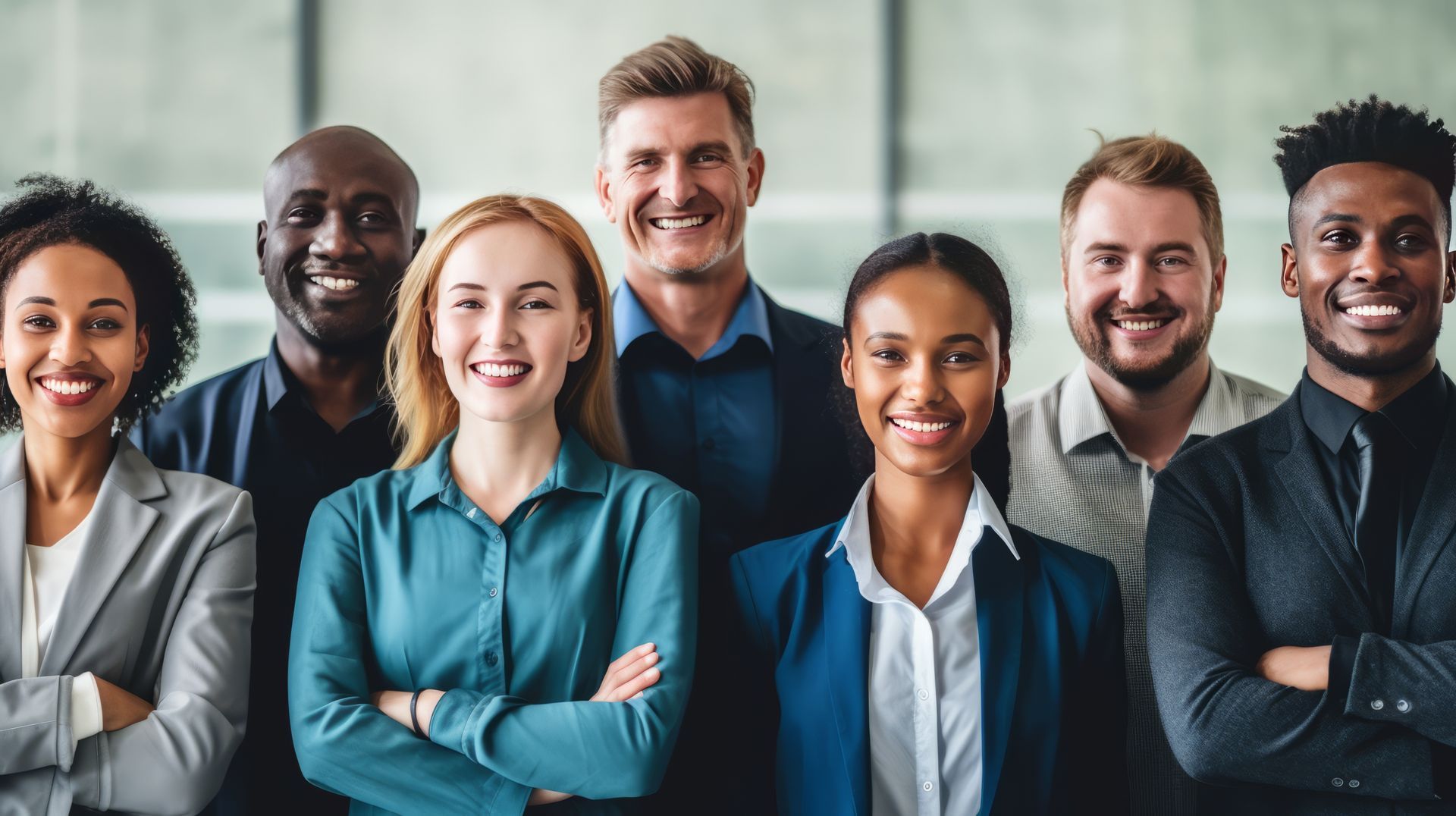 Group of diverse people in business attire smiling.