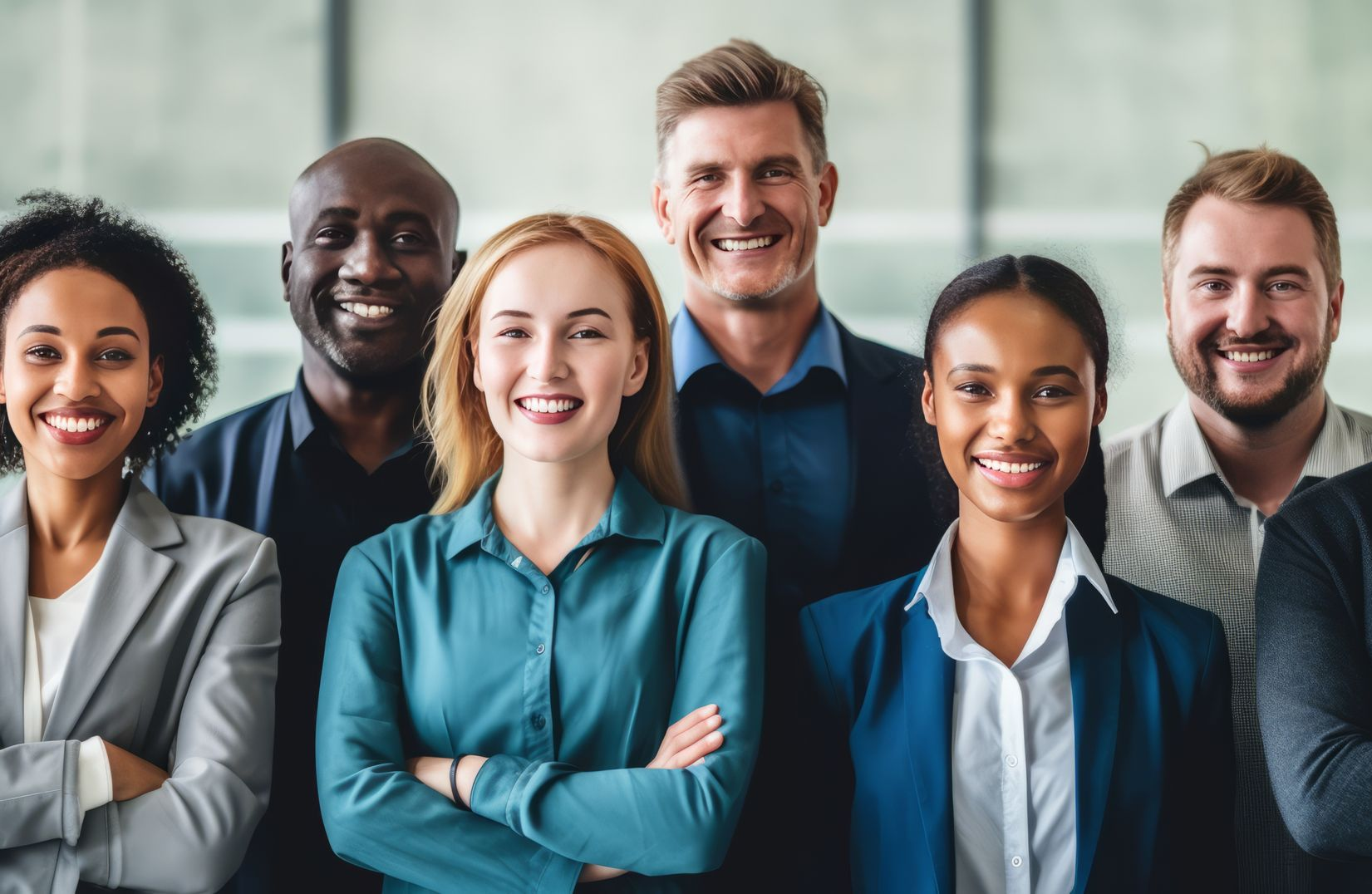 Group of diverse professionals smiling confidently in a modern office.