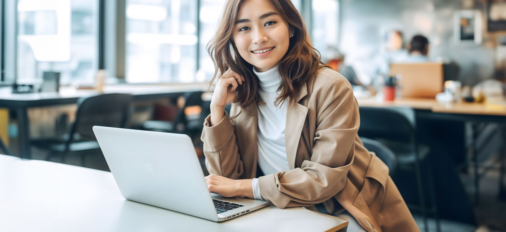 Woman with laptop smiles in modern office. Wearing beige jacket, white turtleneck. Natural light, blurred background.