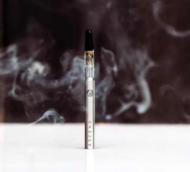 A slim silver cannabis vape pen surrounded by thick plumes of white vapor - Flo Dispensary